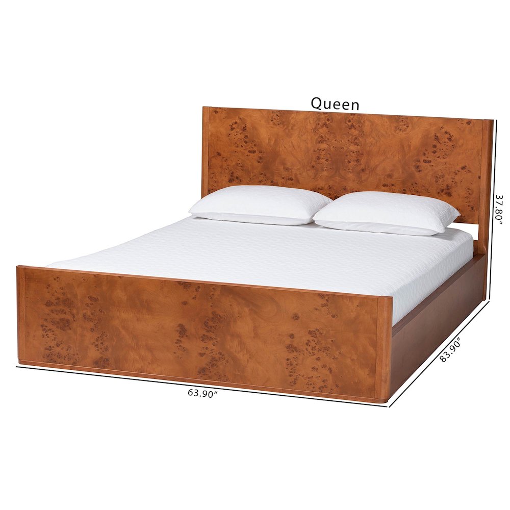 Fuentes Real Burl Wood Bed Frame - Modern Low-Profile Platform Bed, Queen