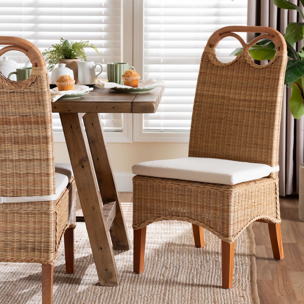 Dining Chair - Handwoven Wicker Side Chair with Removable Cushion, Loop Backrest