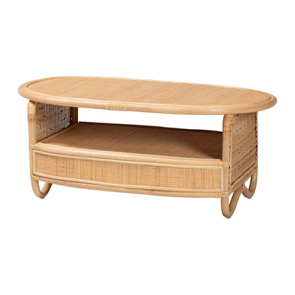 Natural Rattan Coffee Table with Open Shelf - Handwoven Wicker Accent Table