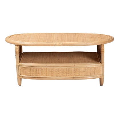 Natural Rattan Coffee Table with Open Shelf - Handwoven Wicker Accent Table