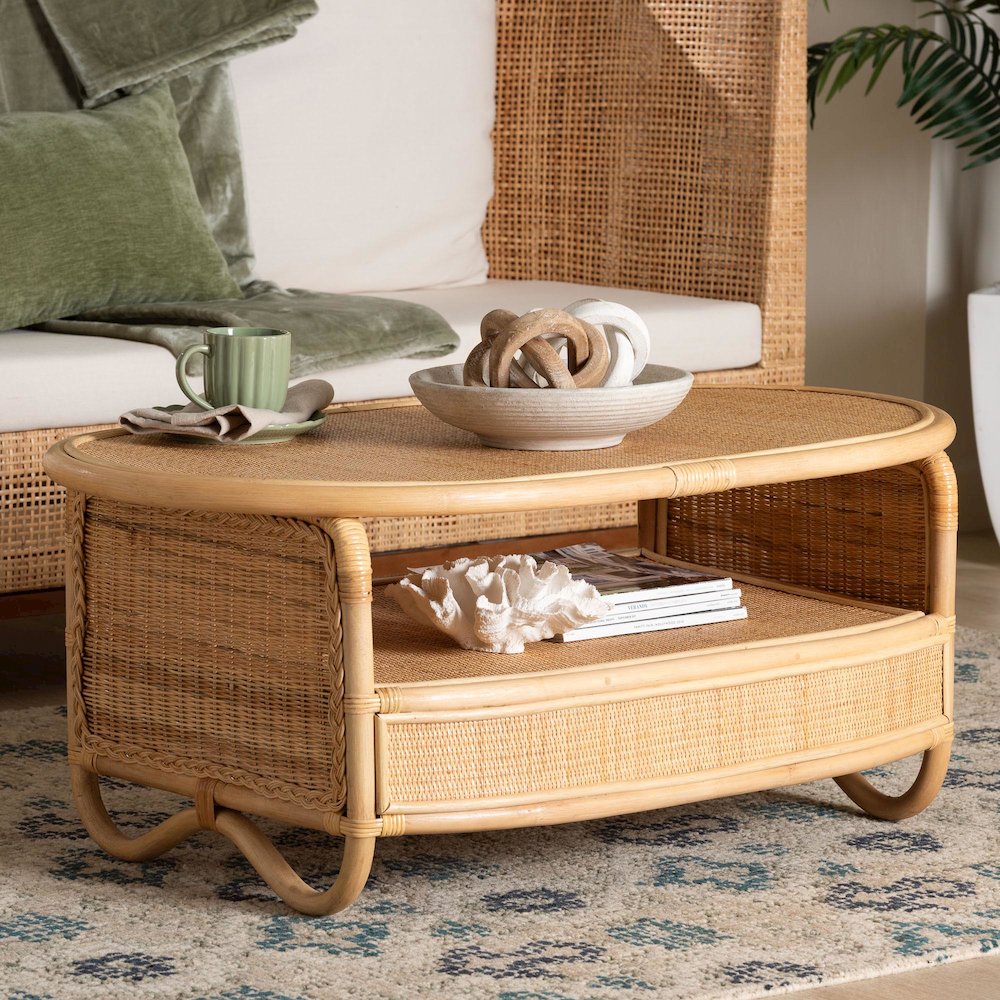Natural Rattan Coffee Table with Open Shelf - Handwoven Wicker Accent Table