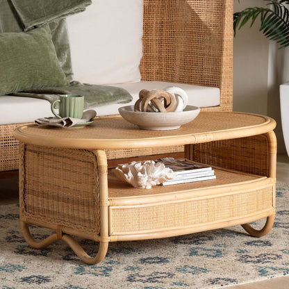 Natural Rattan Coffee Table with Open Shelf - Handwoven Wicker Accent Table