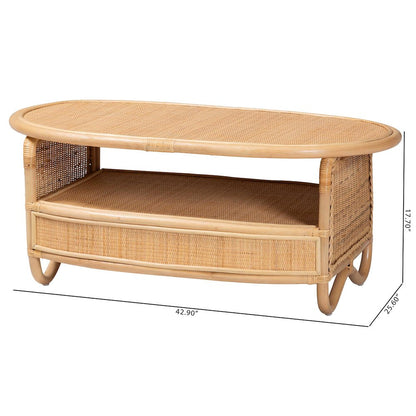 Natural Rattan Coffee Table with Open Shelf - Handwoven Wicker Accent Table