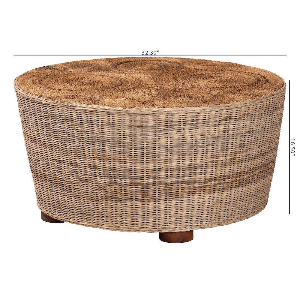 Natural Rattan Coffee Table - Handwoven Wicker Accent Table, Textured Spiral Top