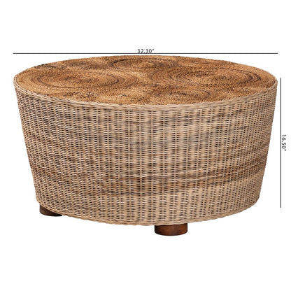 Natural Rattan Coffee Table - Handwoven Wicker Accent Table, Textured Spiral Top