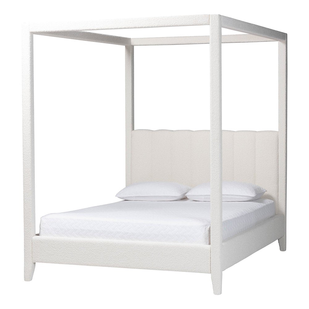 Boucle Upholstered Canopy Bed - Platform Bed with Tufted Headboard, Cream, Queen