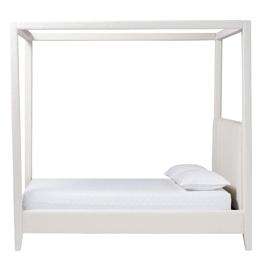 Boucle Upholstered Canopy Bed - Platform Bed with Tufted Headboard, Cream, Queen