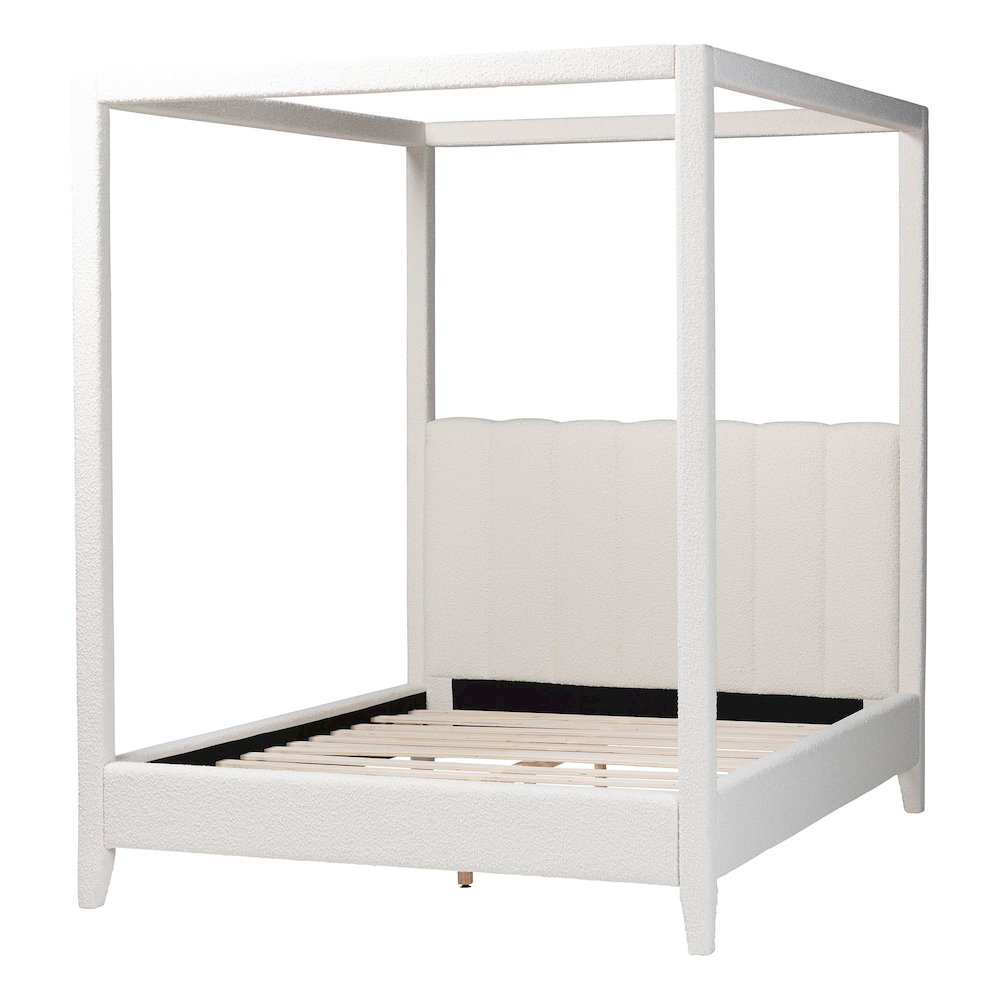 Boucle Upholstered Canopy Bed - Platform Bed with Tufted Headboard, Cream, Queen