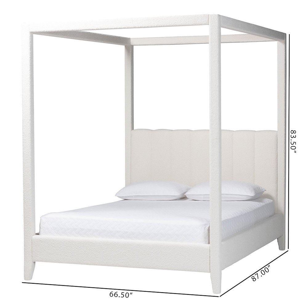Boucle Upholstered Canopy Bed - Platform Bed with Tufted Headboard, Cream, Queen