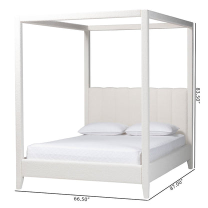 Boucle Upholstered Canopy Bed - Platform Bed with Tufted Headboard, Cream, Queen