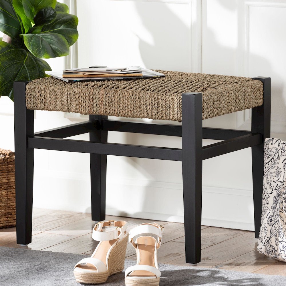 Seagrass Accent Bench - Handwoven Natural Fiber Stool with Black Wood Frame