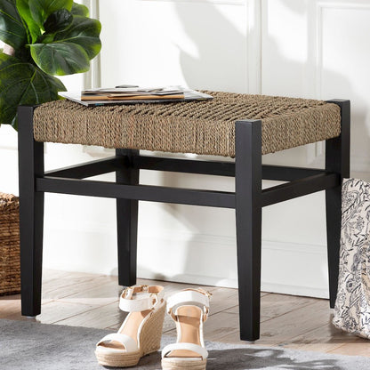 Seagrass Accent Bench - Handwoven Natural Fiber Stool with Black Wood Frame