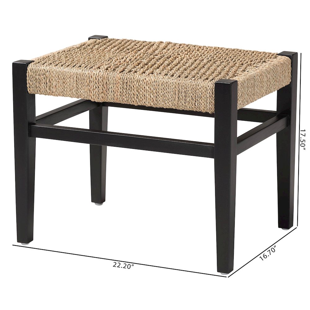 Seagrass Accent Bench - Handwoven Natural Fiber Stool with Black Wood Frame