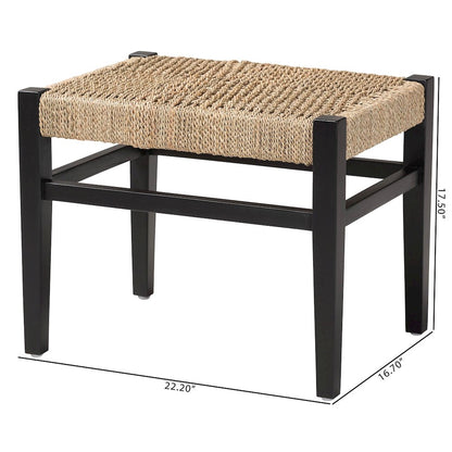 Seagrass Accent Bench - Handwoven Natural Fiber Stool with Black Wood Frame
