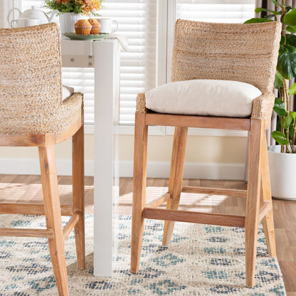 Seagrass Bar Stool with Mahogany Wood Frame, Whitewash