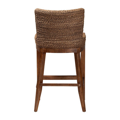 Seagrass Bar Stool with Mahogany Wood Frame, Brown Wash