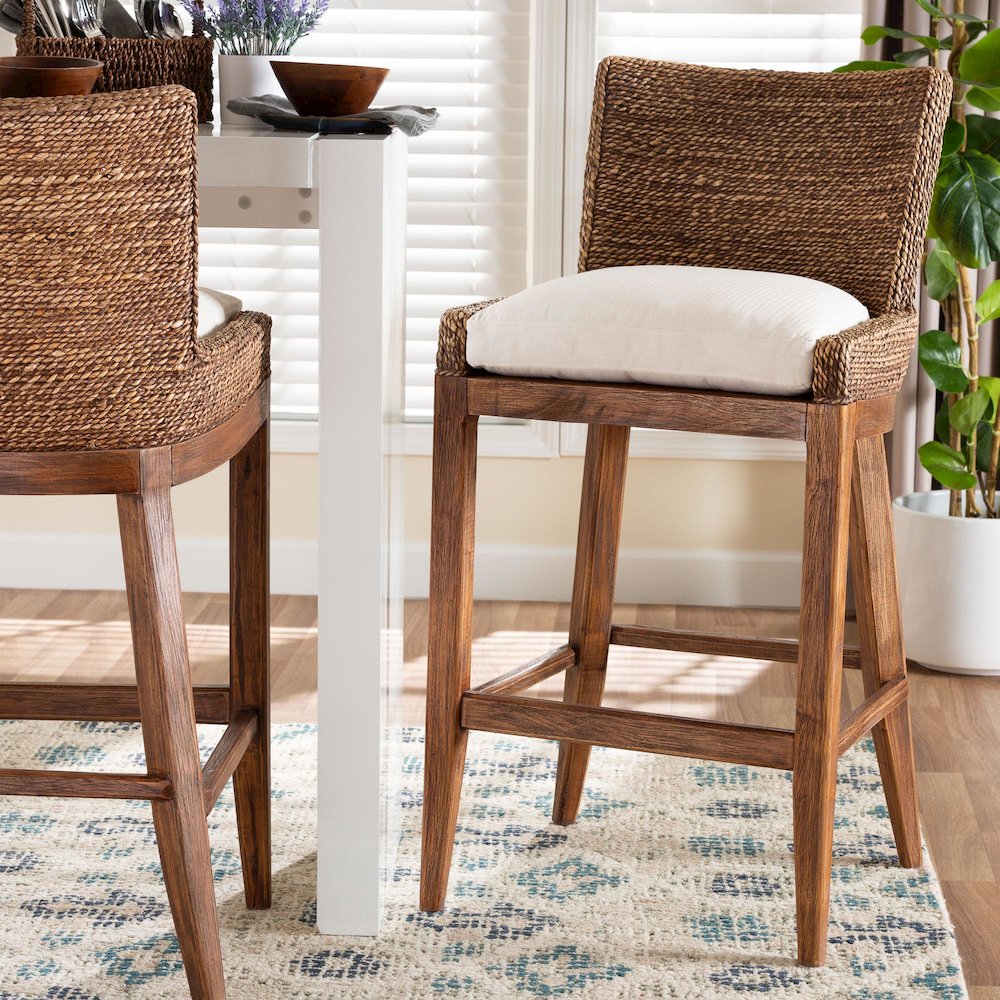 Seagrass Bar Stool with Mahogany Wood Frame, Brown Wash