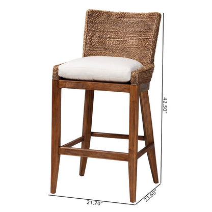 Seagrass Bar Stool with Mahogany Wood Frame, Brown Wash