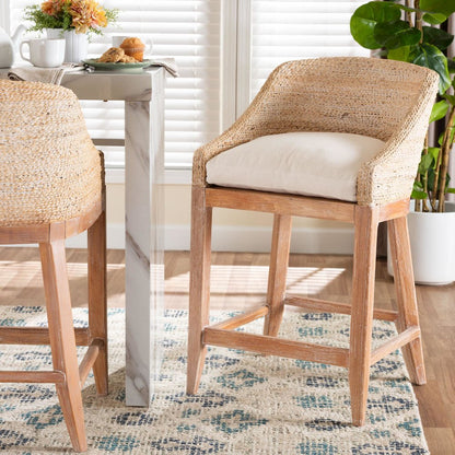 Seagrass Counter Stool with Mahogany Wood Frame, Whitewash