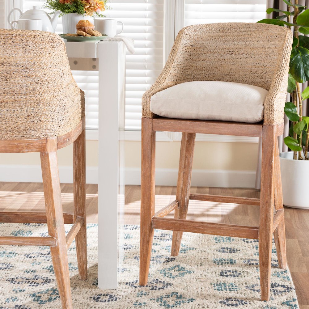 Seagrass Bar Stool with Mahogany Wood Frame, Whitewash