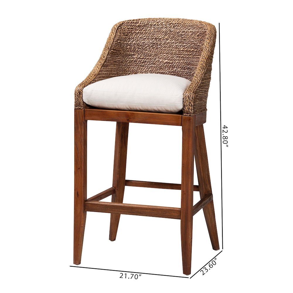 Seagrass Bar Stool with Mahogany Wood Frame, Brown Wash