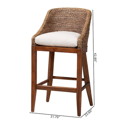 Seagrass Bar Stool with Mahogany Wood Frame, Brown Wash