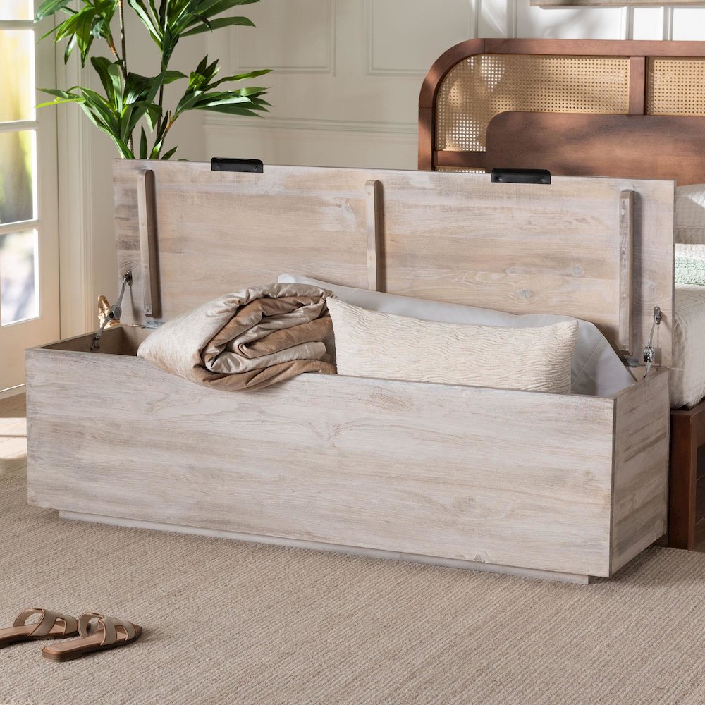 Wood Storage Trunk with Hinged Lid - Rectangular Blanket Chest and Bedroom Bench