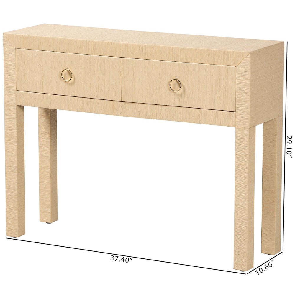 Grasscloth 2-Drawer Console Table - Woven Texture Entryway Table, Light Brown
