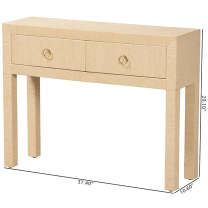 Grasscloth 2-Drawer Console Table - Woven Texture Entryway Table, Light Brown