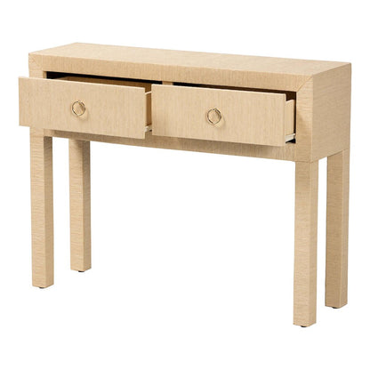 Grasscloth 2-Drawer Console Table - Woven Texture Entryway Table, Light Brown