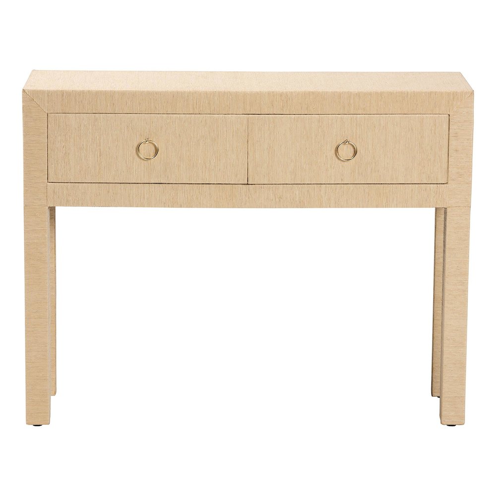Grasscloth 2-Drawer Console Table - Woven Texture Entryway Table, Light Brown
