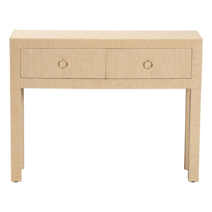 Grasscloth 2-Drawer Console Table - Woven Texture Entryway Table, Light Brown