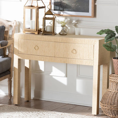 Grasscloth 2-Drawer Console Table - Woven Texture Entryway Table, Light Brown