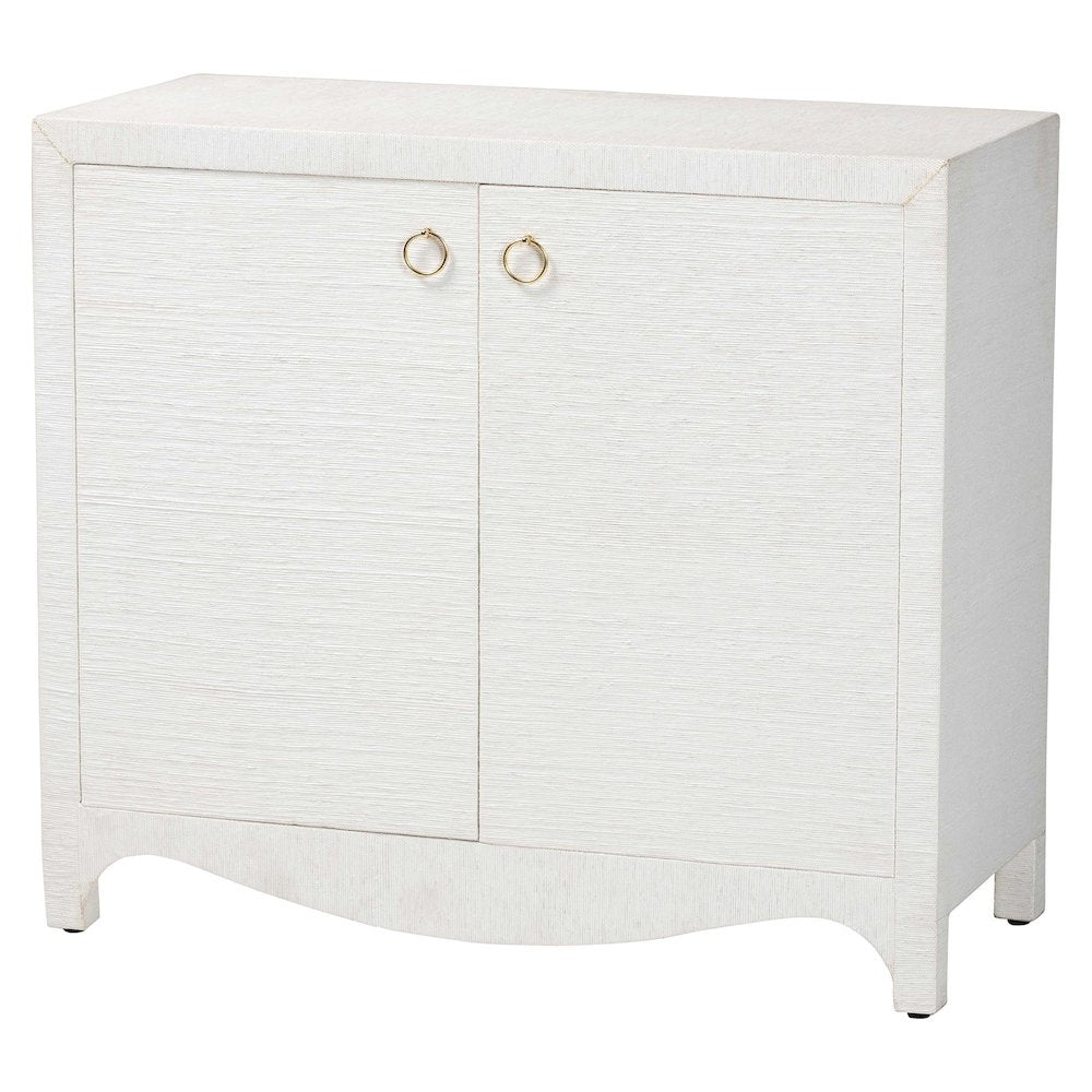Grasscloth Storage Cabinet - 2-Door Woven Accent Cabinet with Gold Ring Pulls