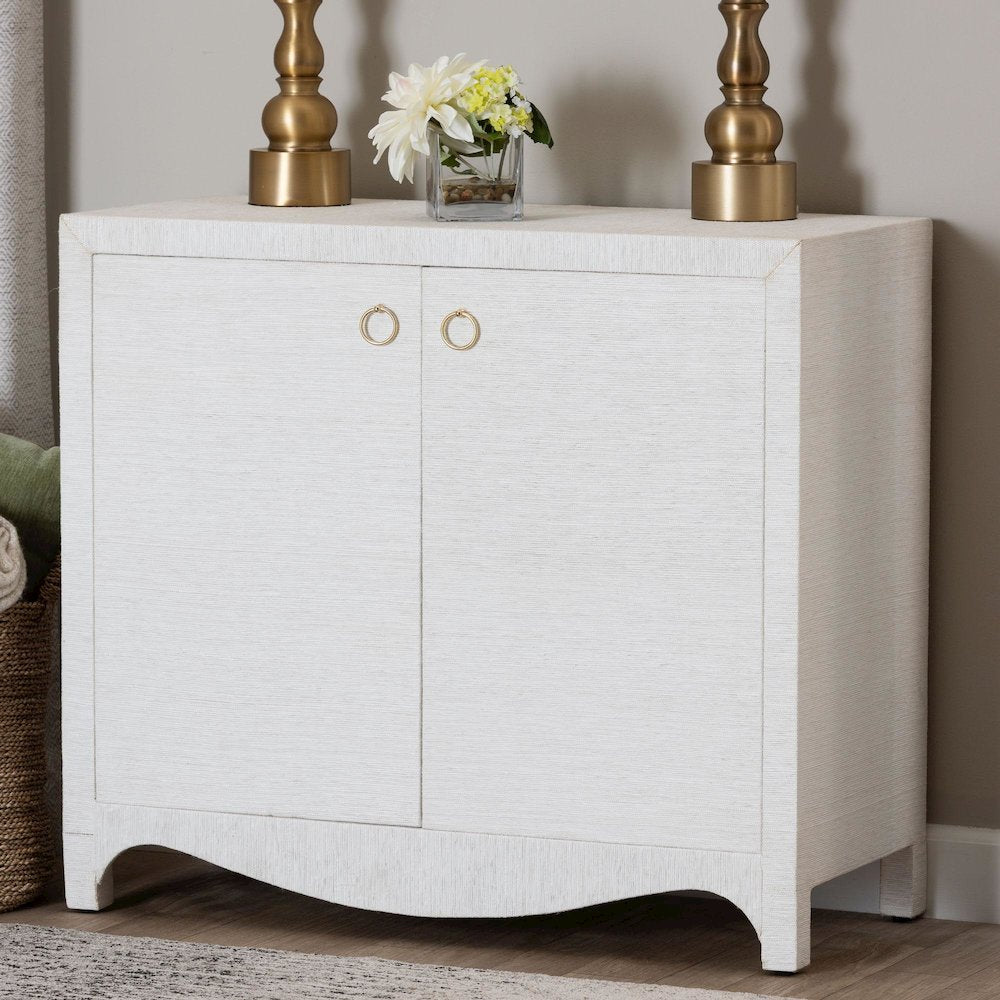 Grasscloth Storage Cabinet - 2-Door Woven Accent Cabinet with Gold Ring Pulls