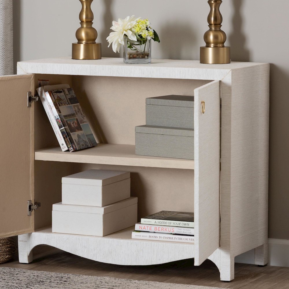 Grasscloth Storage Cabinet - 2-Door Woven Accent Cabinet with Gold Ring Pulls