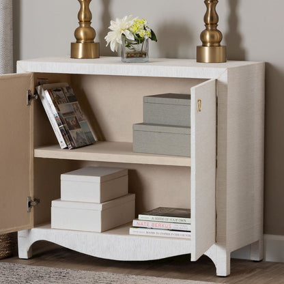 Grasscloth Storage Cabinet - 2-Door Woven Accent Cabinet with Gold Ring Pulls
