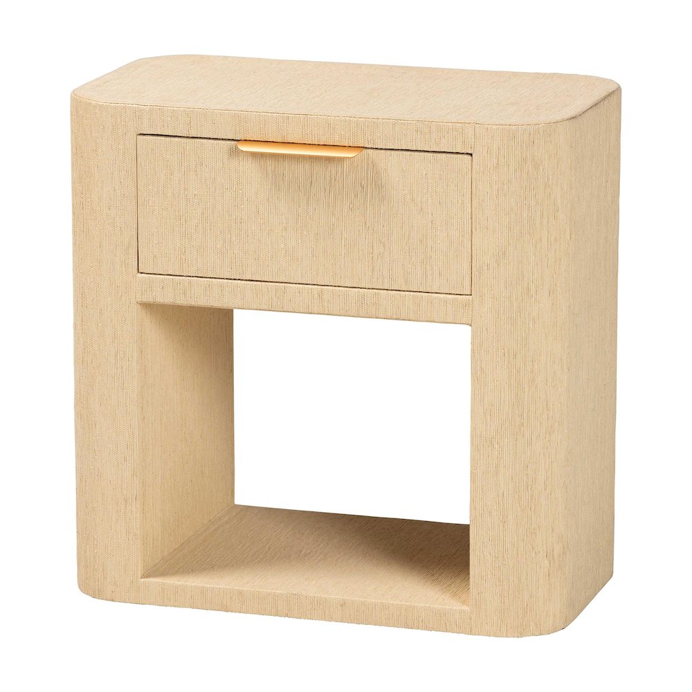 Grasscloth 1-Drawer Nightstand with Open Shelf - Woven Texture Bedside Table
