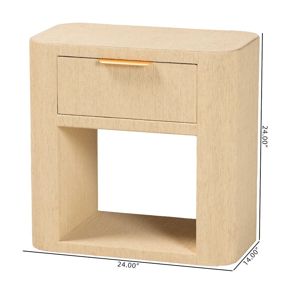 Grasscloth 1-Drawer Nightstand with Open Shelf - Woven Texture Bedside Table