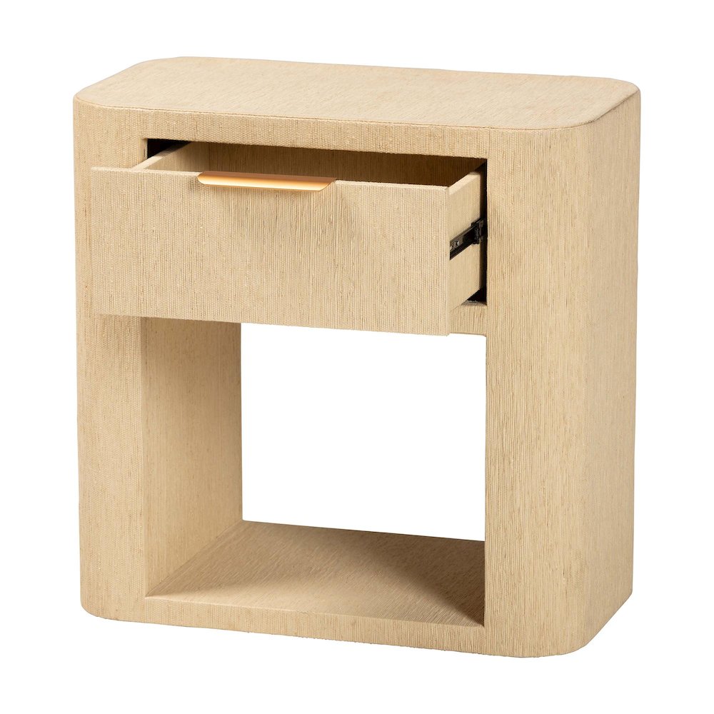 Grasscloth 1-Drawer Nightstand with Open Shelf - Woven Texture Bedside Table