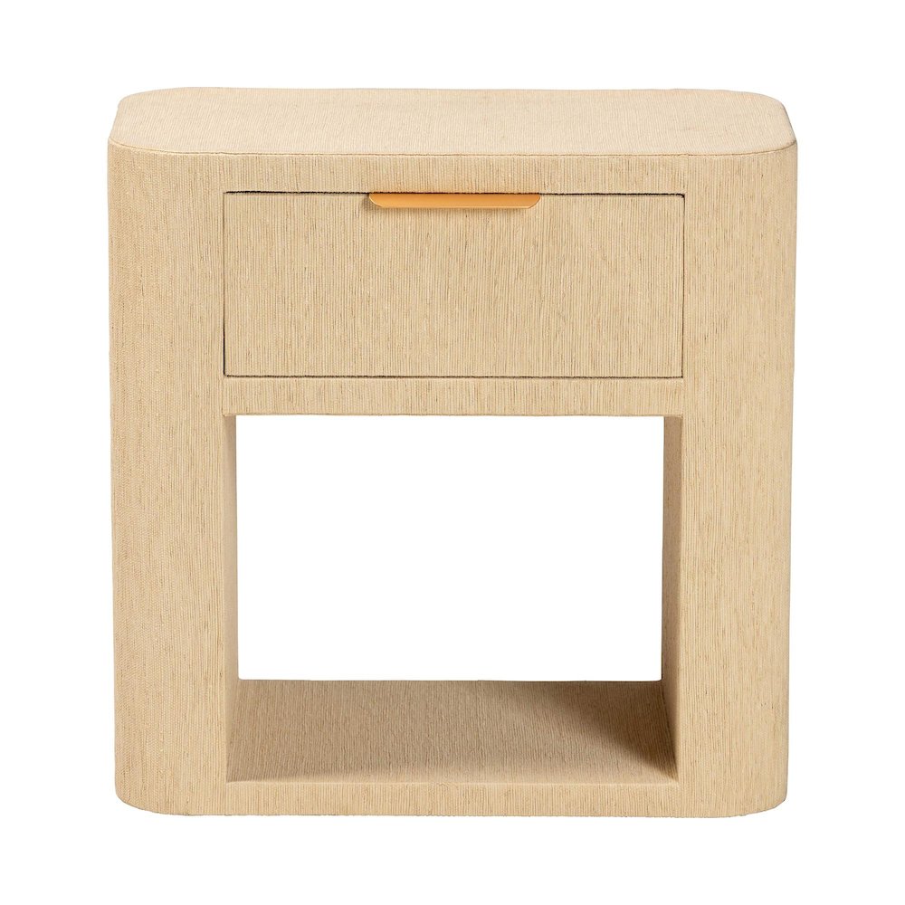 Grasscloth 1-Drawer Nightstand with Open Shelf - Woven Texture Bedside Table