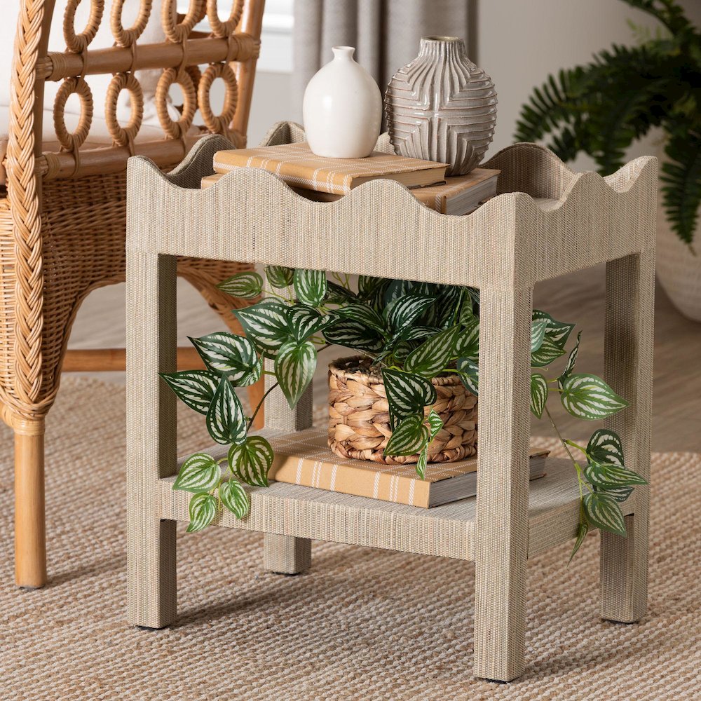 Scalloped End Table - 2-Tier Accent Table with Open Shelf Storage