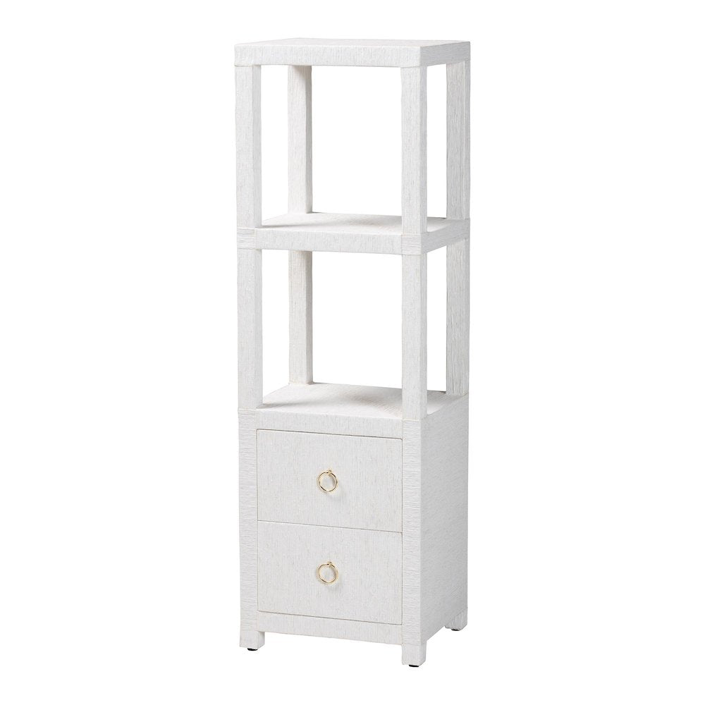 Grasscloth Tall Storage Cabinet  with Open Shelves and Drawers