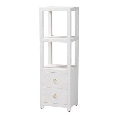 Grasscloth Tall Storage Cabinet  with Open Shelves and Drawers
