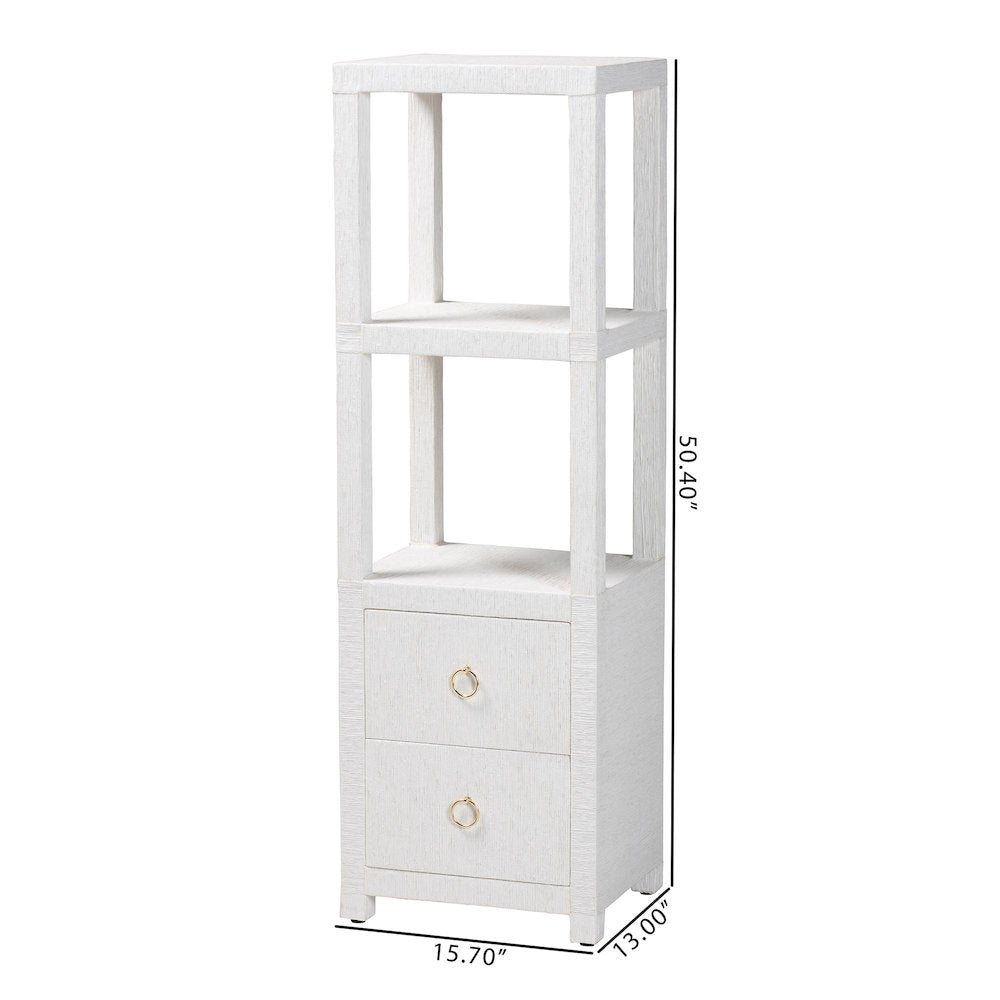 Grasscloth Tall Storage Cabinet  with Open Shelves and Drawers
