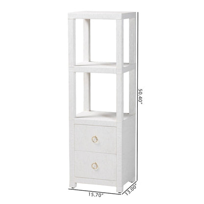 Grasscloth Tall Storage Cabinet  with Open Shelves and Drawers
