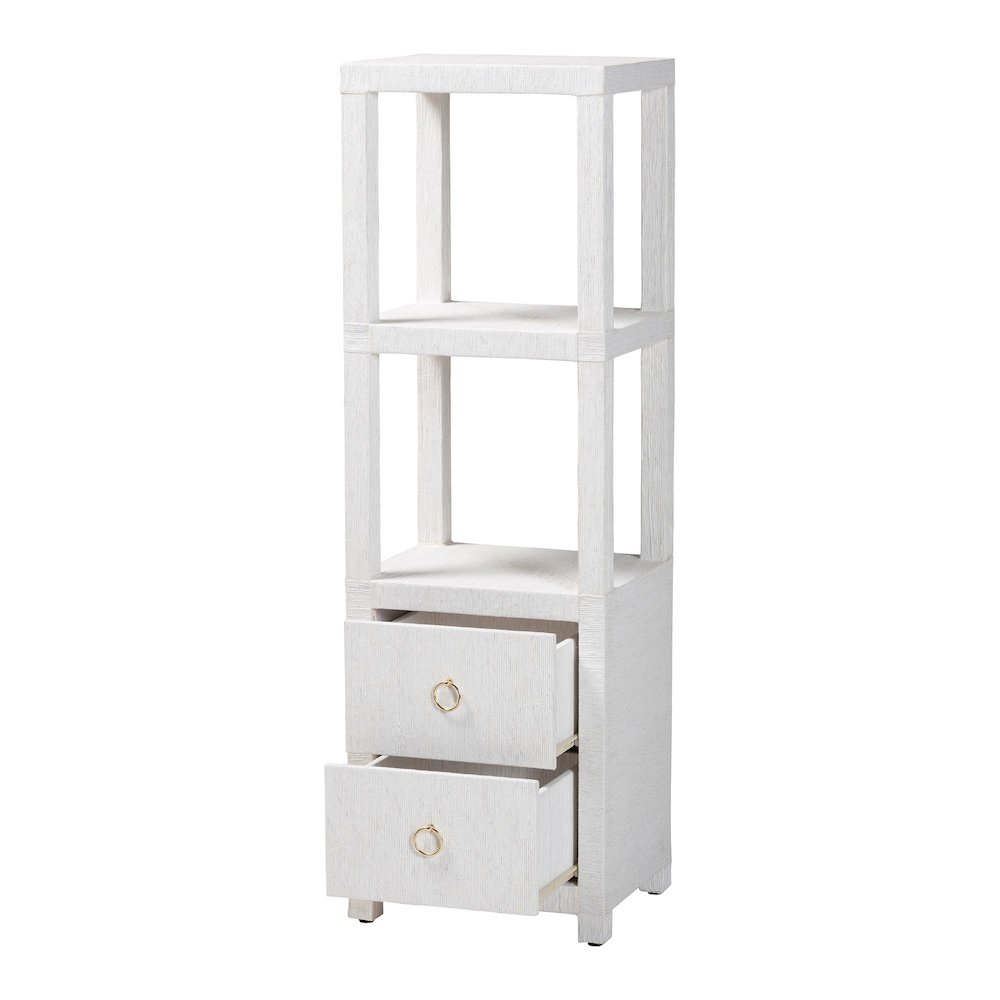 Grasscloth Tall Storage Cabinet  with Open Shelves and Drawers