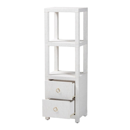 Grasscloth Tall Storage Cabinet  with Open Shelves and Drawers