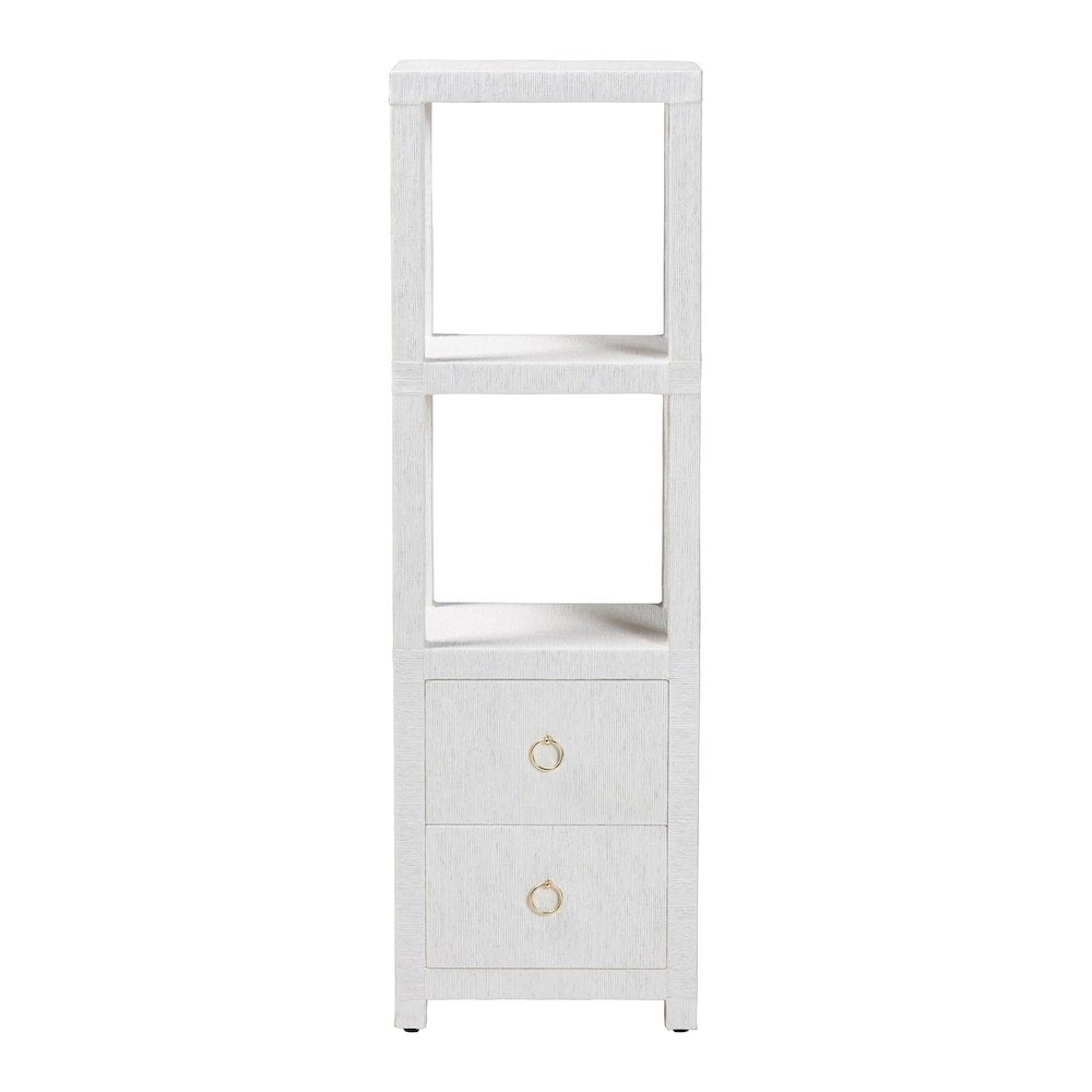 Grasscloth Tall Storage Cabinet  with Open Shelves and Drawers