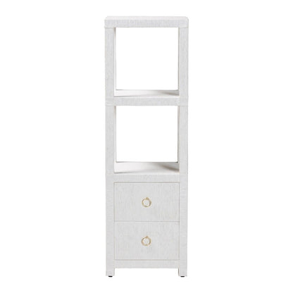 Grasscloth Tall Storage Cabinet  with Open Shelves and Drawers